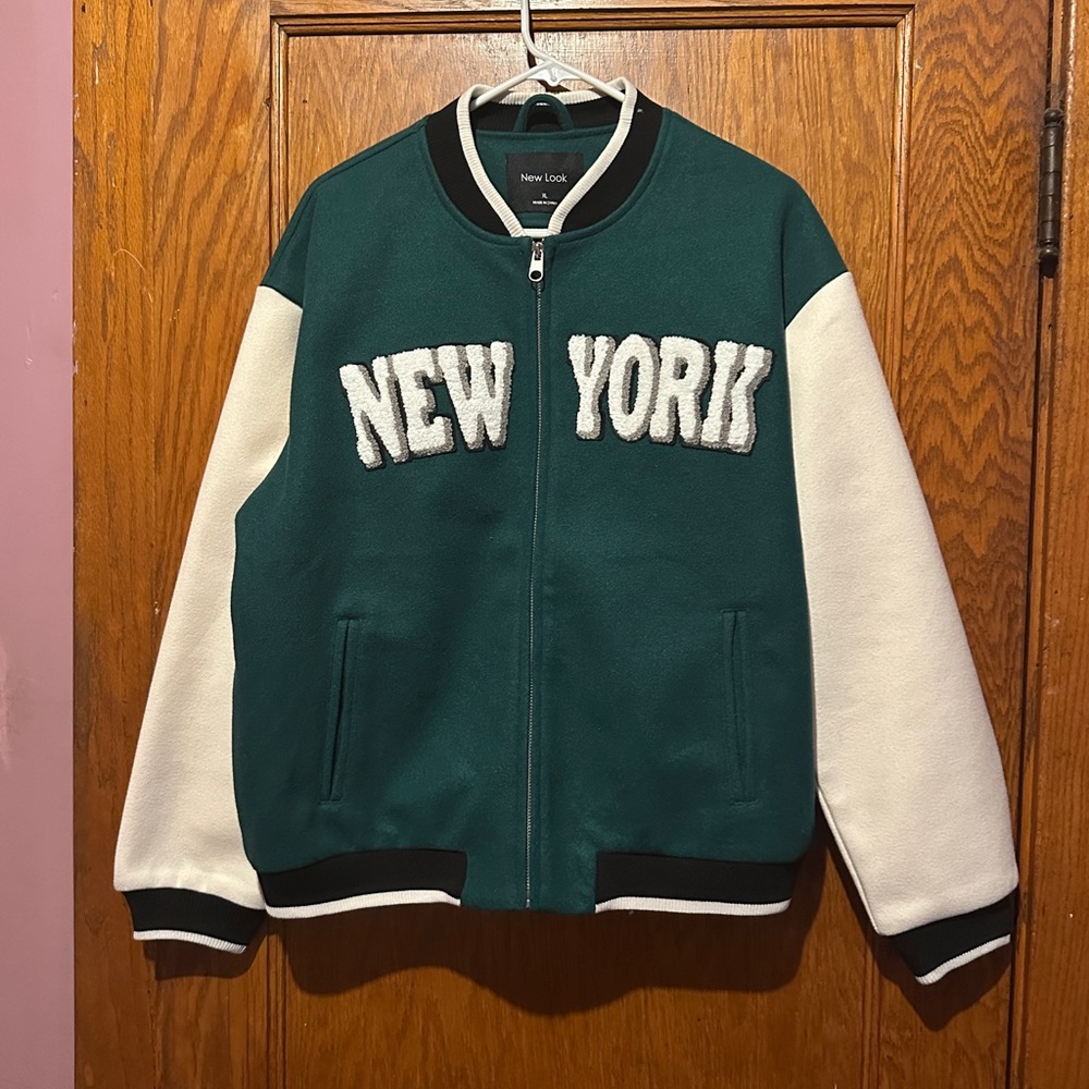 New Look Dark Green and White 'New York' Varsity Bomber Jacket